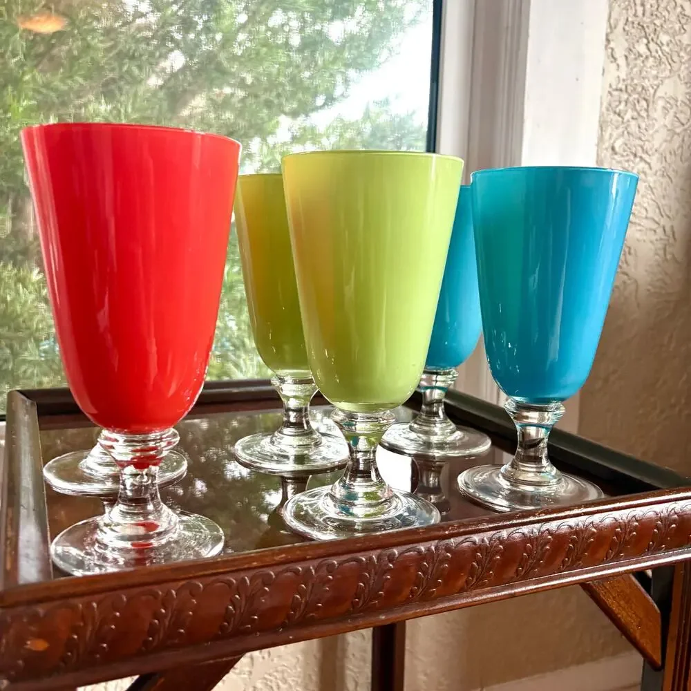 Vintage Hand Blown Colorful Glass Goblets Set of 6 Art Glass